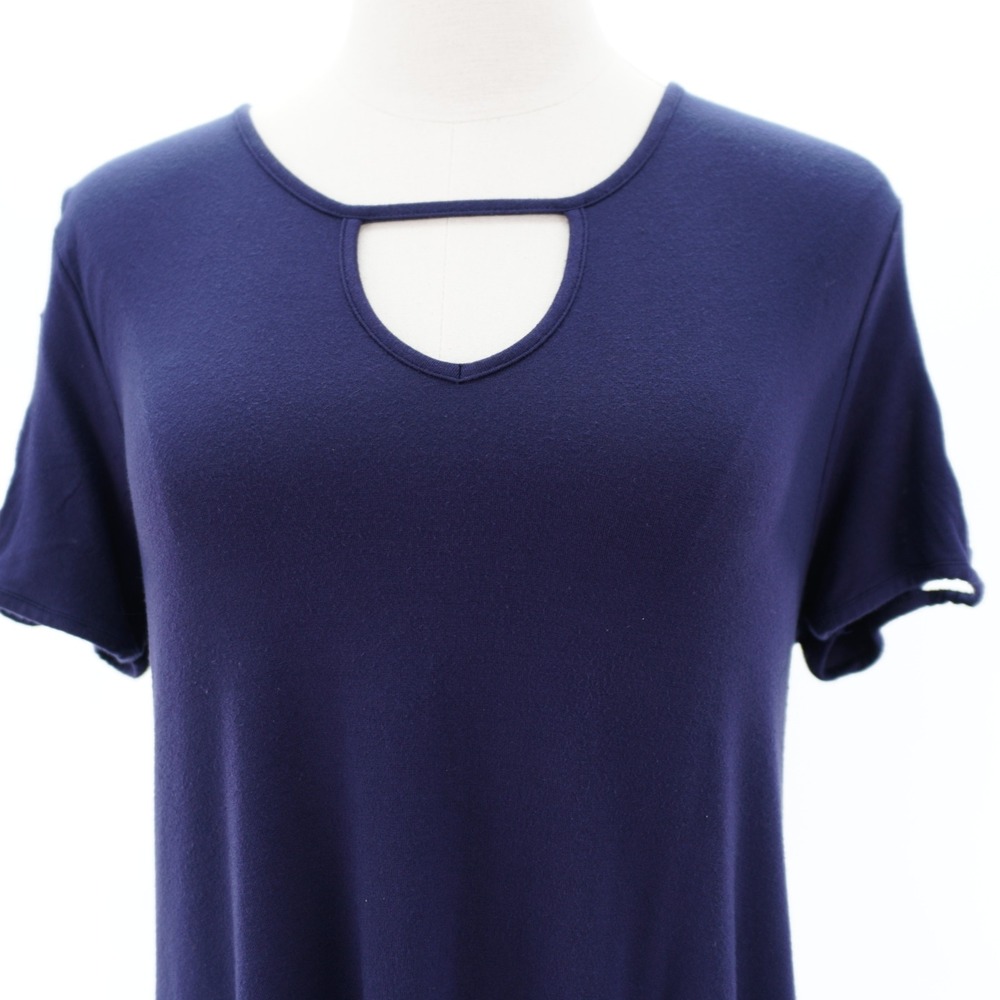 White Mark Blue Medium Keyhole Top Crisscross Lattice Cutouts Short Sleeve Rayon